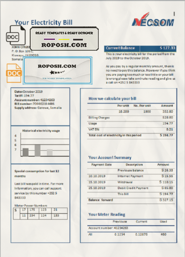 Somalia NESCOM Company electricity utility bill template in Word and PDF format scan effect