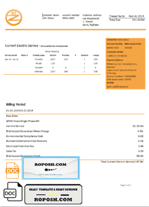 Tajikistan Barqi Tojik Company electricity utility bill template in Word and PDF format