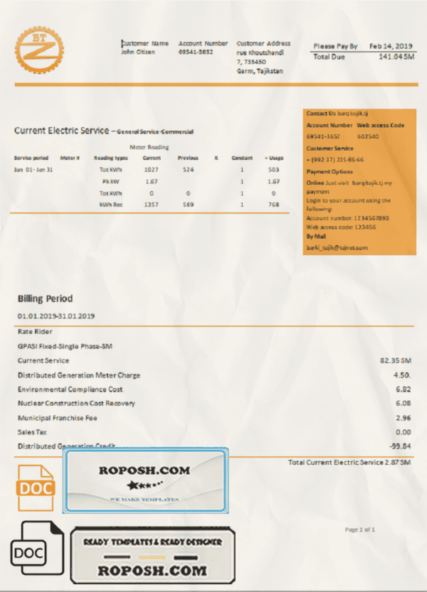 Tajikistan Barqi Tojik Company electricity utility bill template in Word and PDF format