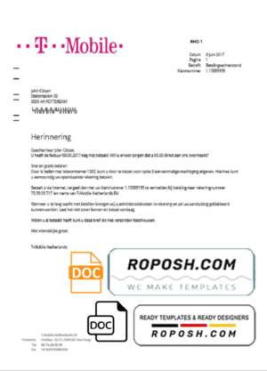Netherlands T-Mobile utility bill template in Word and PDF format