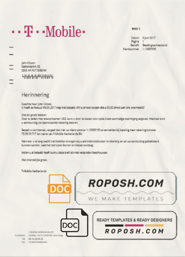 Netherlands T-Mobile utility bill template in Word and PDF format