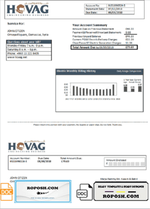 Syria HOVAG Company electricity utility bill template in Word and PDF format