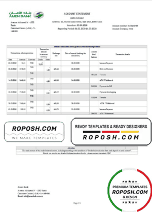 Tunisia Amen Bank statement easy to fill template in Word and PDF format