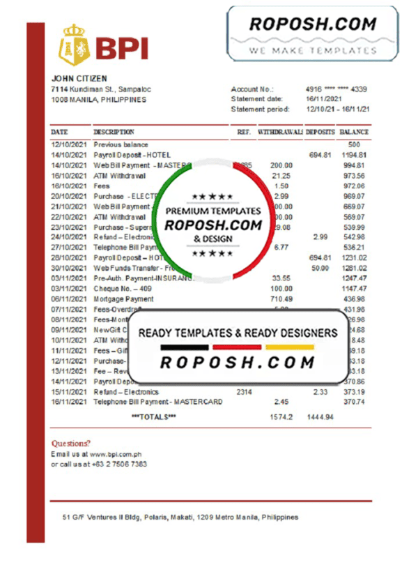 Philippines Bank of the Philippine bank statement easy to fill template in Excel and PDF format