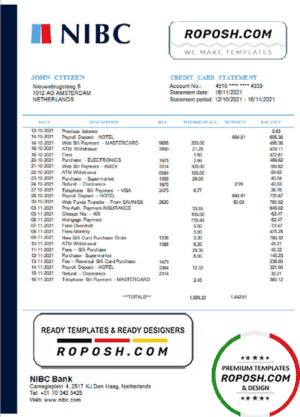 Netherlands NIBC Bank statement easy to fill template in Word and PDF format