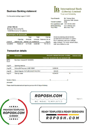 Liberia IB International Bank proof of address statement template in .xls and .pdf file format