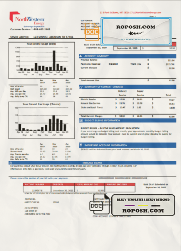 USA NorthWestern Energy utility bill template in Word and PDF format, version 2 scan effect
