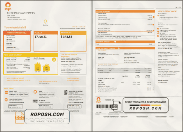 Australia New South Wales (NSW) Origin electricity utility bill template in Word and PDF format, 3 pages