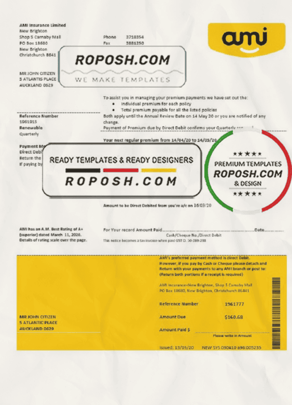New Zealand Ami Insurance Limited bank statement template in Word and PDF format