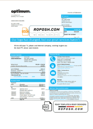 USA New York Optimum cablevision bill template in Word and PDF format