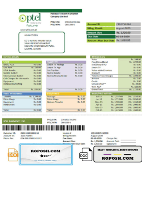 Pakistan PTCL utility bill template in Word and PDF format