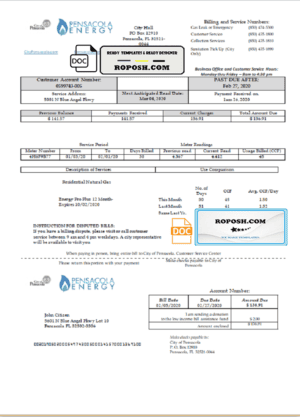 USA Florida Pensacola Energy utility bill template in Word and PDF format