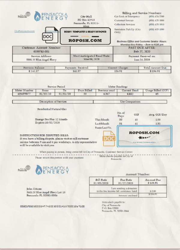 USA Florida Pensacola Energy utility bill template in Word and PDF format