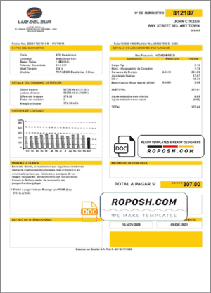 Peru Luz de Sur utility bill template in Word and PDF format, fully editable