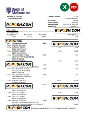 Australia Bank of Melbourne bank statement easy to fill template in Excel and PDF format