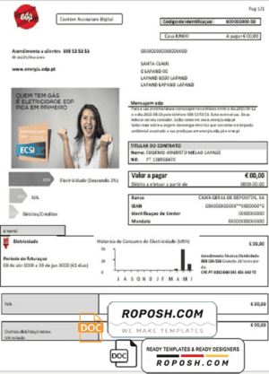 Portugal EDP electricity utility bill template in Word and PDF format