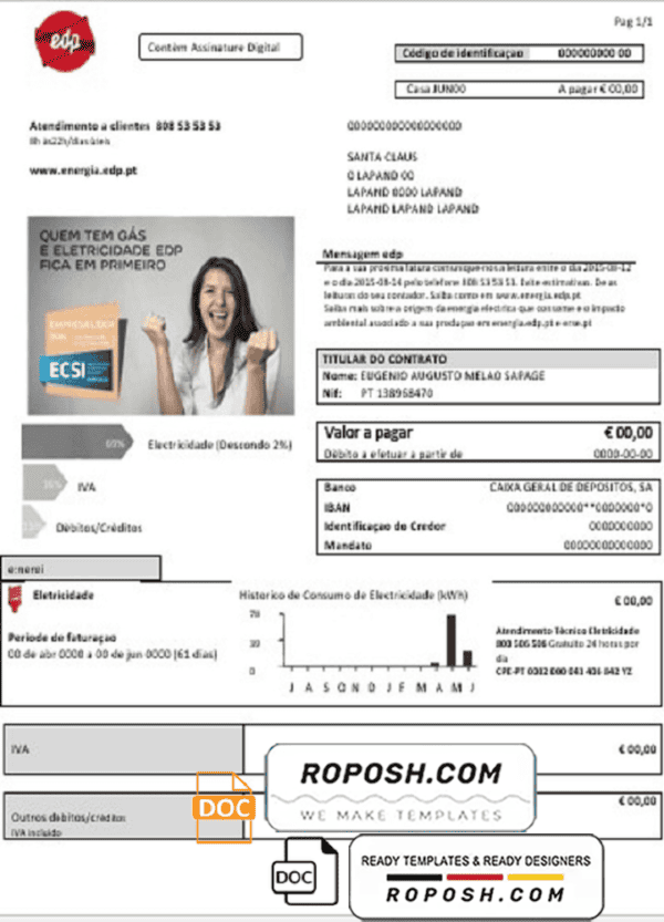 Portugal EDP electricity utility bill template in Word and PDF format