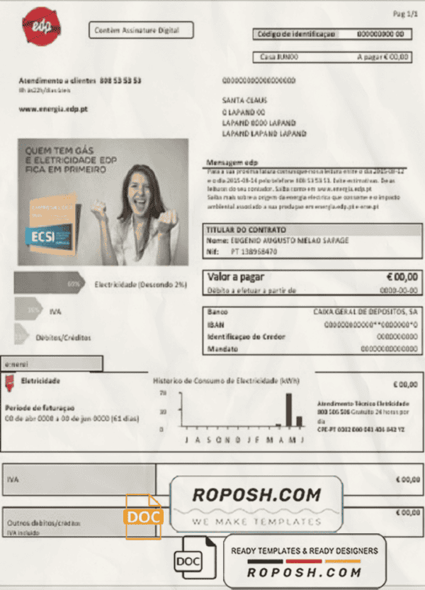 Portugal EDP electricity utility bill template in Word and PDF format