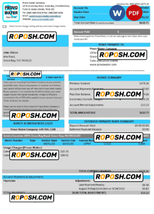 United Kingdom Turks and Caicos Islands Provo Water Company utility bill Word and PDF template