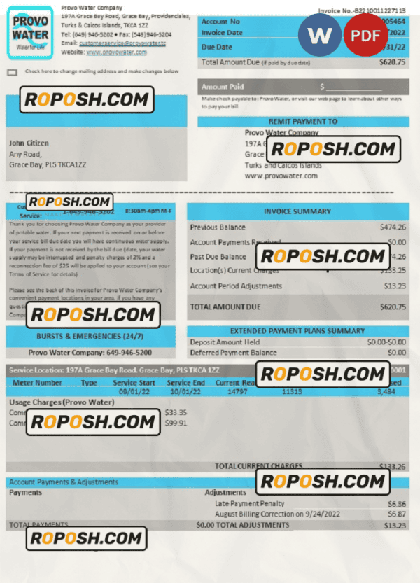 United Kingdom Turks and Caicos Islands Provo Water Company utility bill Word and PDF template