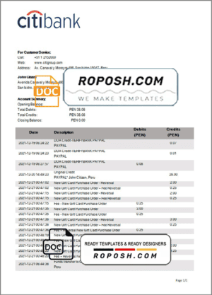 Peru Citibank bank statement template in Word and PDF format