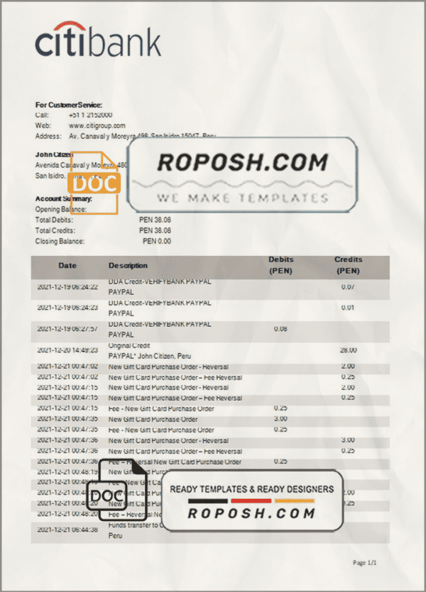 Peru Citibank bank statement template in Word and PDF format