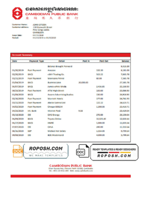Cambodia Cambodian Public Bank statement template in Word and PDF format
