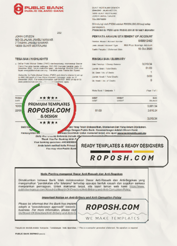 Malaysia Public bank statement template in Word and PDF format