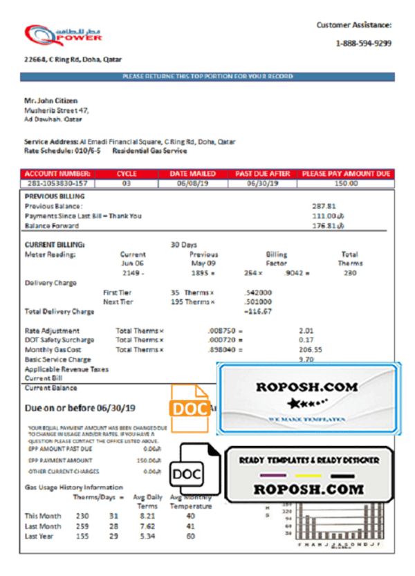 Qatar Power Company electricity utility bill template in Word and PDF format