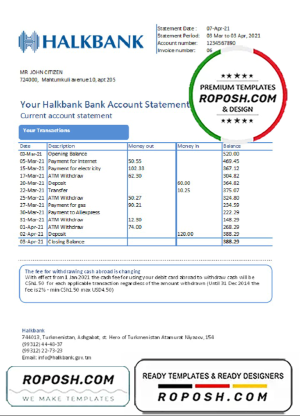 Turkmenistan Halkbank Bank statement easy to fill template in .xls and .pdf file format
