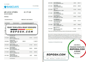 United Kingdom Barclays bank statement template in Excel and PDF format, version 3 (2 pages)
