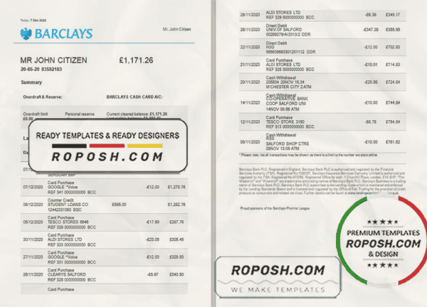 United Kingdom Barclays bank statement template in Excel and PDF format, version 3 (2 pages)