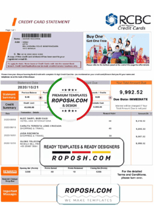 Philippines Rizal Commercial Banking Corporation (RCBC) credit card statement template in Word and PDF format