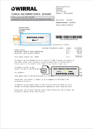United Kingdom Wirral council tax bill template in Word and PDF format
