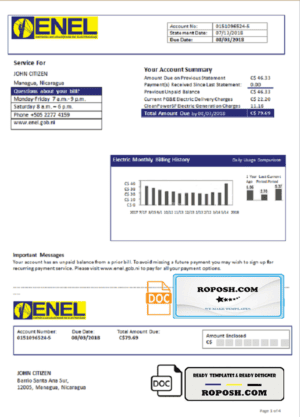 Nicaragua Nicaraguan Electricity Company ENEL electricity utility bill template in Word and PDF format