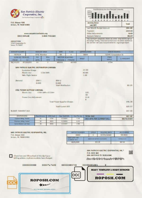USA Texas San Patricio Electric Corporative utility bill template in Word and PDF (.doc and .pdf) format scan effect