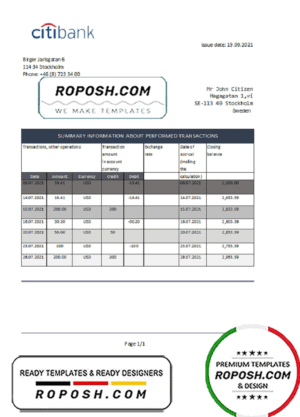 Sweden Citibank bank statement easy to fill template in Excel and PDF format