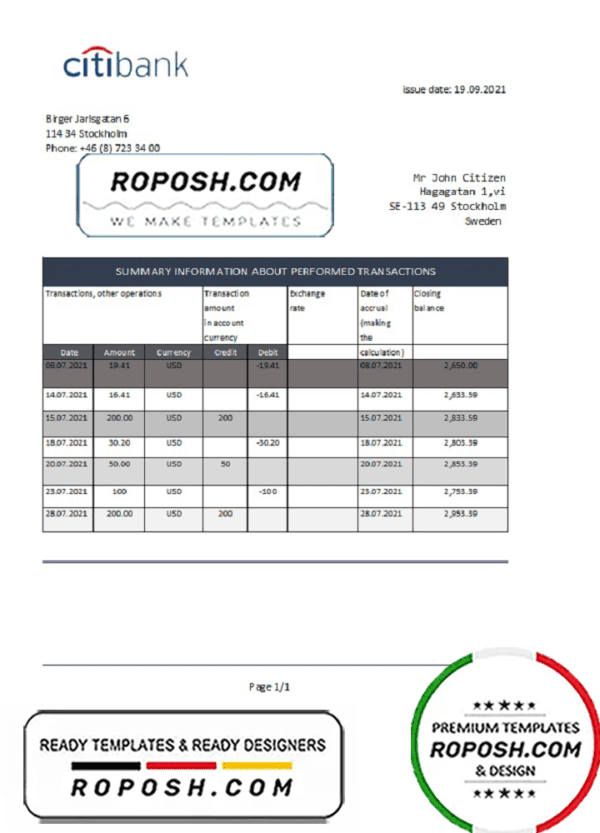 Sweden Citibank bank statement easy to fill template in Excel and PDF format