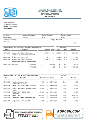 Bangladesh Janata Bank statement easy to fill template in Word and PDF format