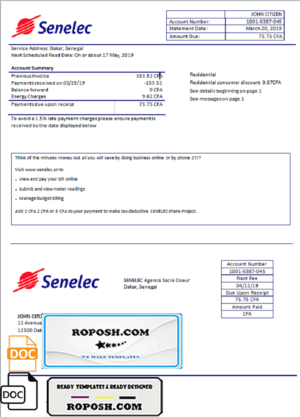 Senegal Senelec Agence Sacré Coeur Company electricity utility bill template in Word and PDF format