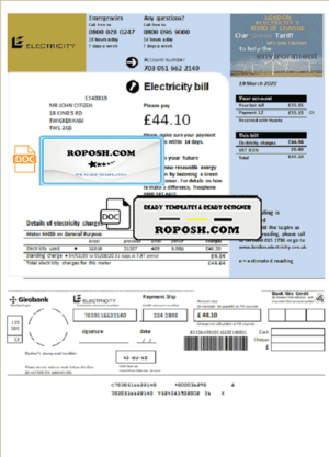 United Kingdom Electricity utility bill template in Word and PDF format