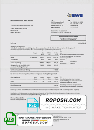 Germany EWE utility bill template, fully editable in PSD format