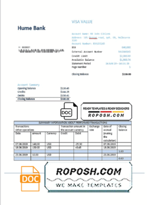 Australia Humebank proof of address statement template in .doc and .pdf format, fully editable