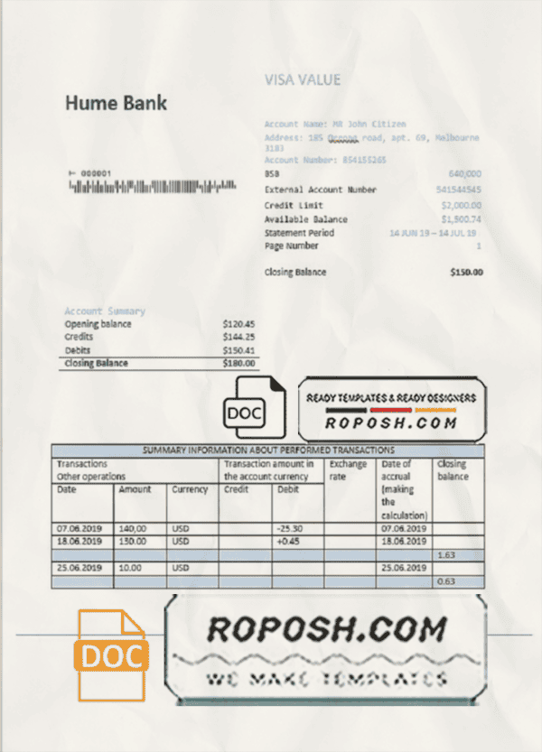 Australia Humebank proof of address statement template in .doc and .pdf format, fully editable