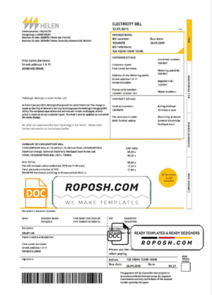 Finland HELEN utility bill template in Word and PDF format