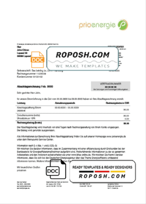 Germany Prioenergie proof of address utility bill template in Word and PDF format