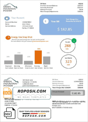 USA Vermont Green Mountain Power electricity utility bill in Word and PDF format