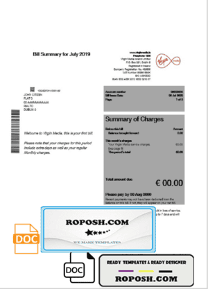 Ireland Virgin Media utility bill template editable in Word and PDF, version 1