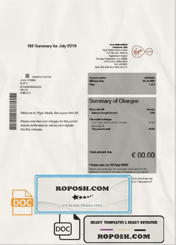Ireland Virgin Media utility bill template editable in Word and PDF, version 1