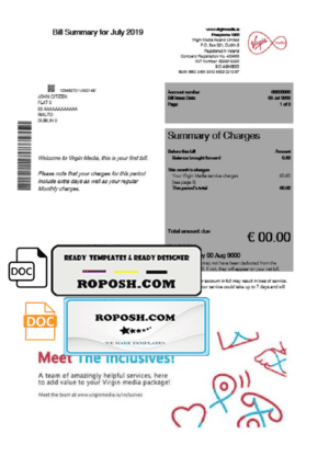 Ireland Virgin Media utility bill template in Word and PDF format, version 2
